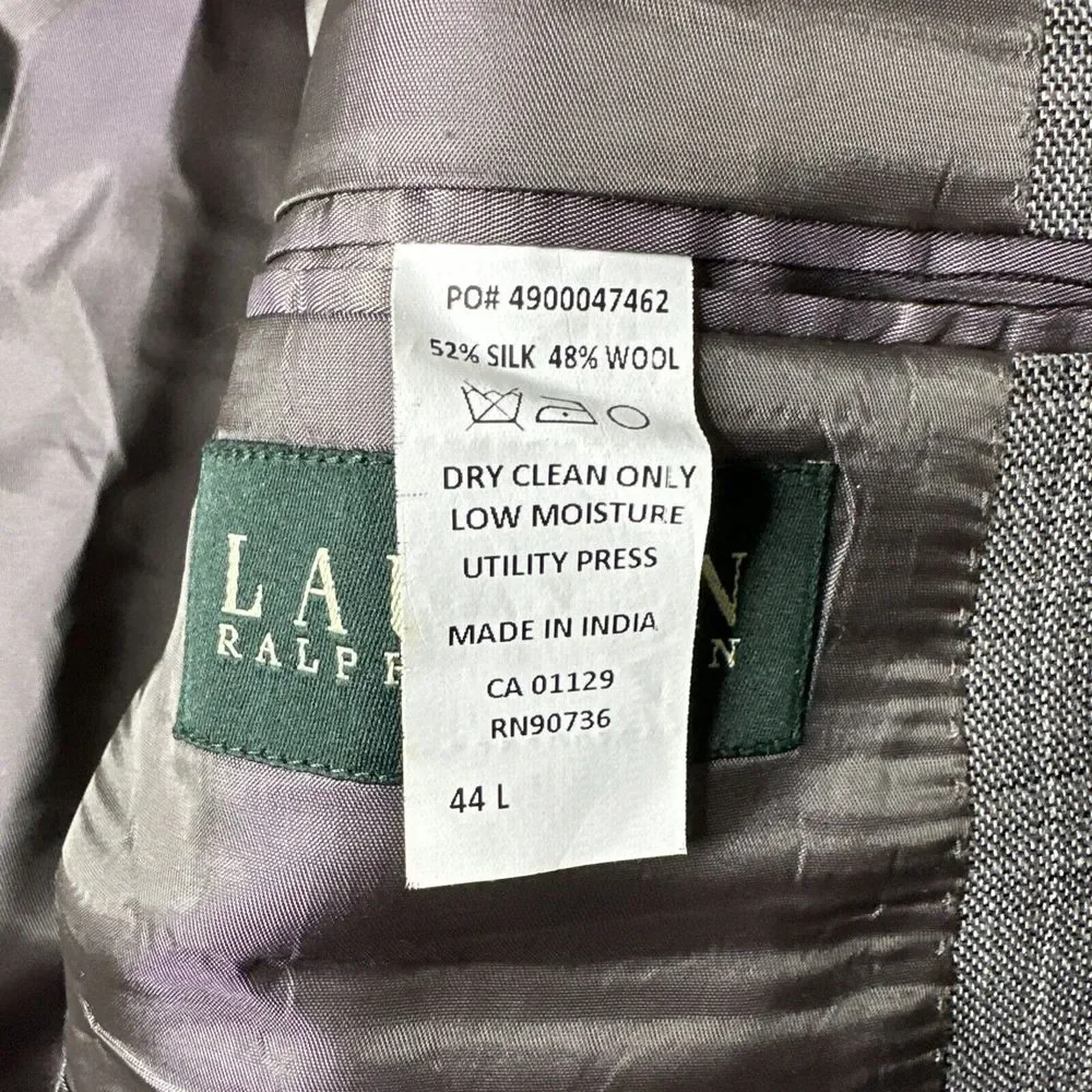 Men's Lauren Ralph Lauren 44L Grey Plaid Silk Wool Blend Suit Jacket Blazer Coat